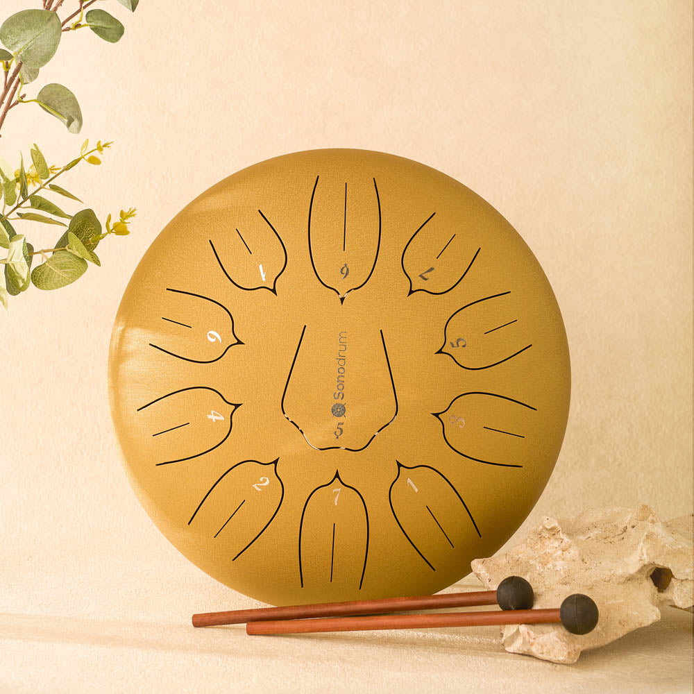 SonodrumSteelTongueDrumStandard-12Inches_11Tongues_CMajor-Sticks-Gold