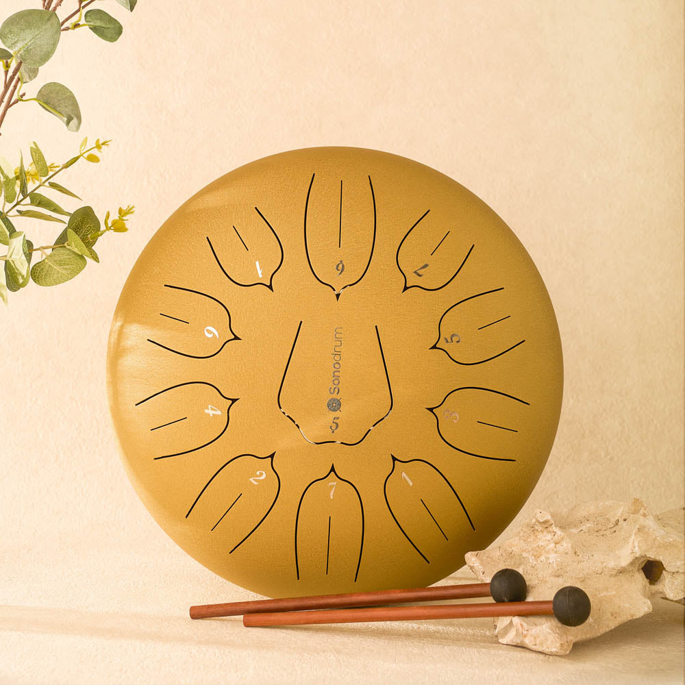 SonodrumSteelTongueDrumStandard-12Inches_11Tongues_CMajor-Sticks-Gold