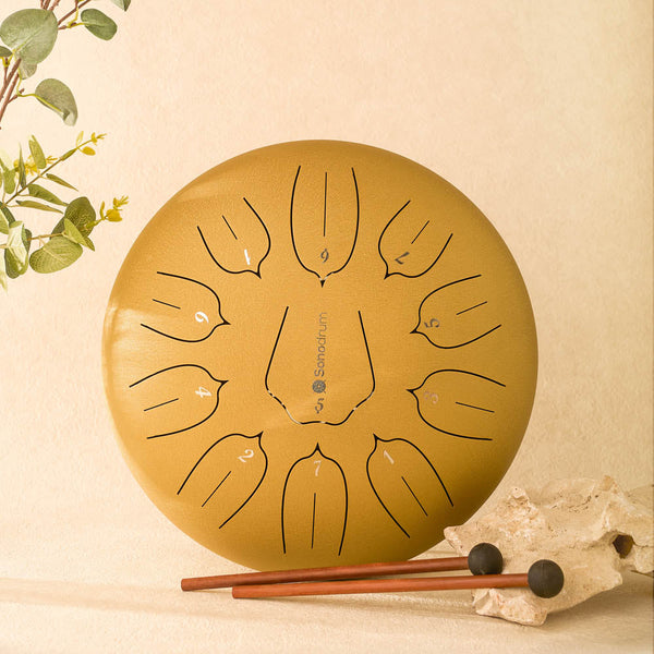 SonodrumSteelTongueDrumStandard-12Inches_11Tongues_CMajor-Sticks-Gold
