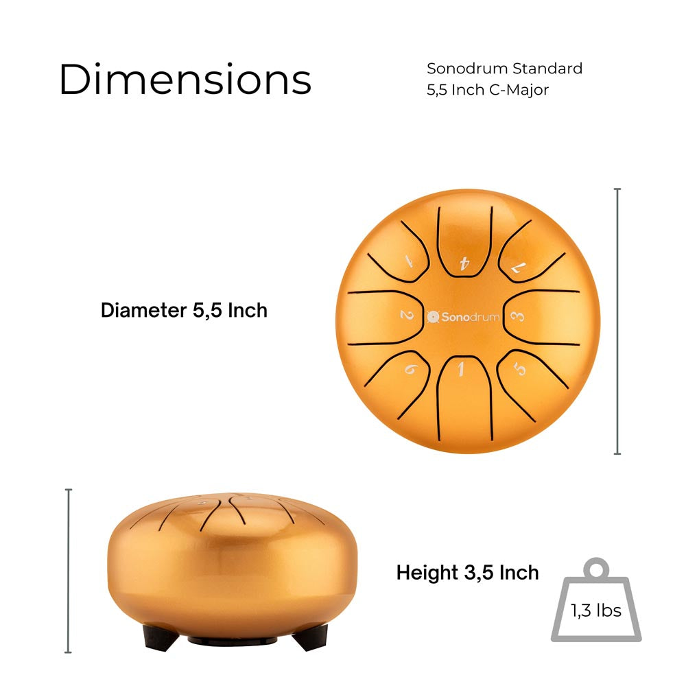 SonodrumTongueDrumStandardC-Major5_5InchGoldDimensions