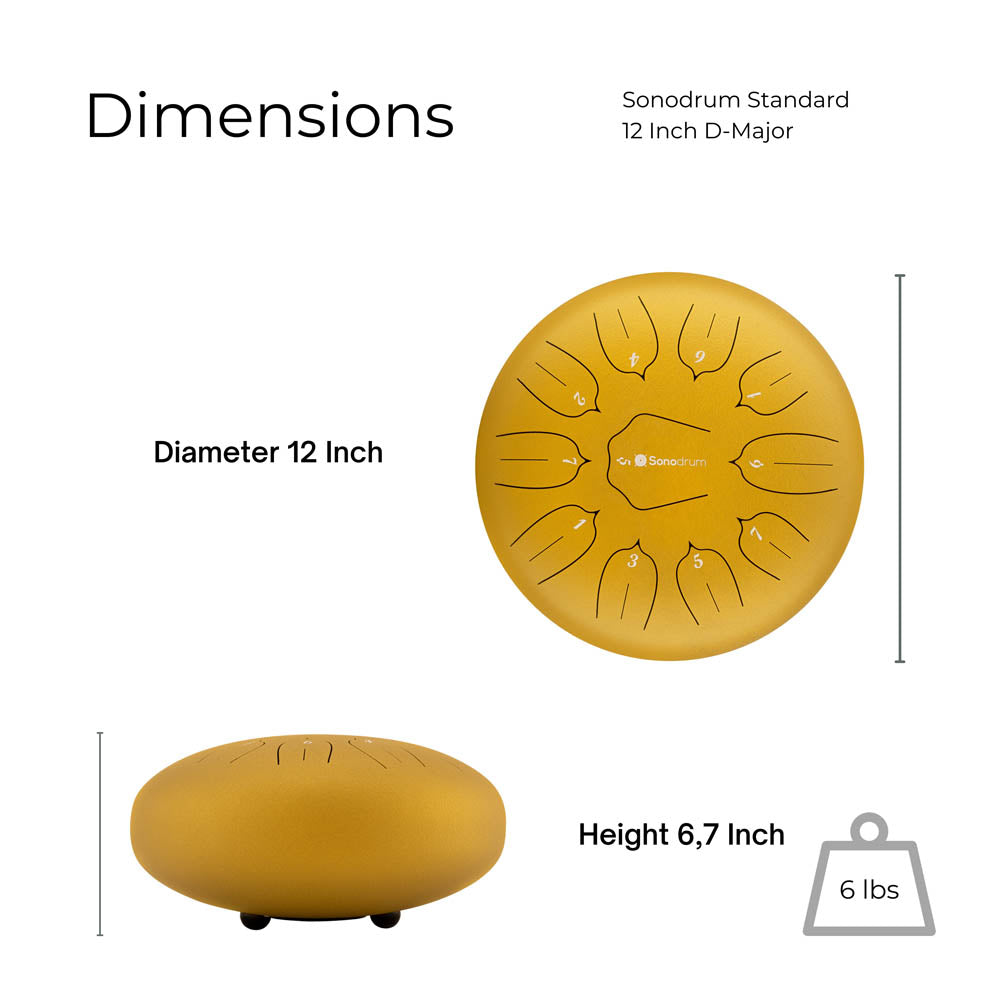 SonodrumTongueDrumStandardD-Major12InchGoldTongueDrumDimensions
