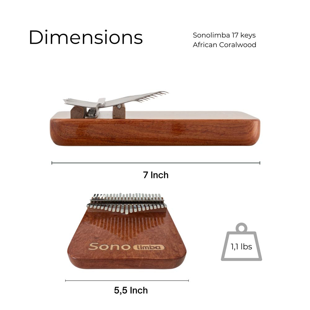 SonolimbaKalimba17KeysAfricanCoralwoodC-MajorDimensions